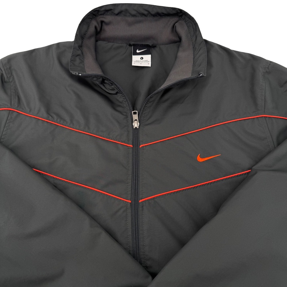 Nike Windbreaker Jacket Mens Large Gray Orange Full Zip Chevron Swoosh Logo